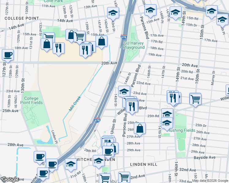 map of restaurants, bars, coffee shops, grocery stores, and more near 143-11 22nd Road in Queens