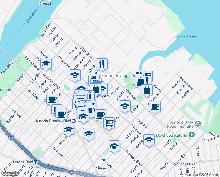 map of restaurants, bars, coffee shops, grocery stores, and more near in Queens