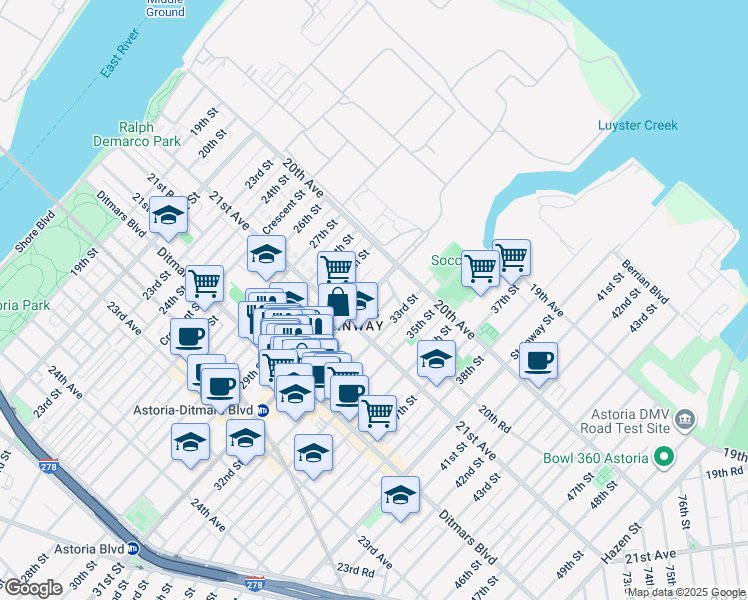 map of restaurants, bars, coffee shops, grocery stores, and more near 21-21 31st Street in Queens