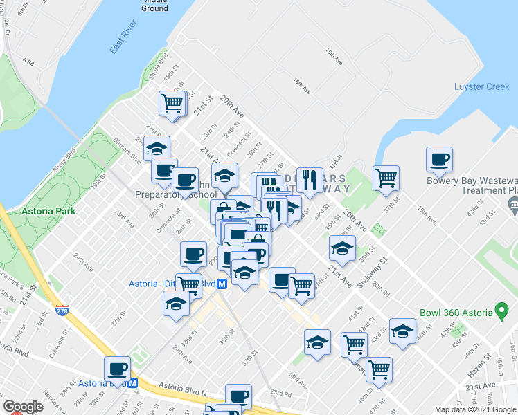 map of restaurants, bars, coffee shops, grocery stores, and more near 21-22 29th Street in Queens