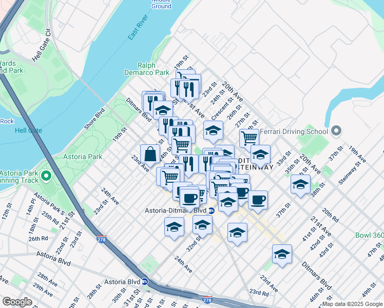 map of restaurants, bars, coffee shops, grocery stores, and more near in Queens