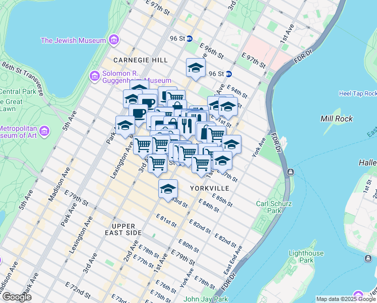 map of restaurants, bars, coffee shops, grocery stores, and more near 260 East 87th Street in New York
