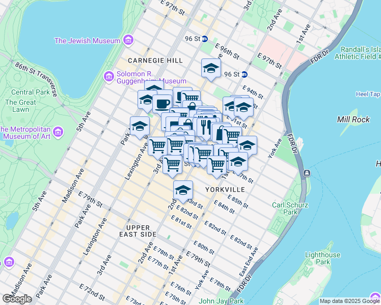 map of restaurants, bars, coffee shops, grocery stores, and more near 1709 2nd Avenue in New York