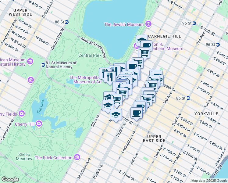 map of restaurants, bars, coffee shops, grocery stores, and more near 1201 5th Avenue in New York