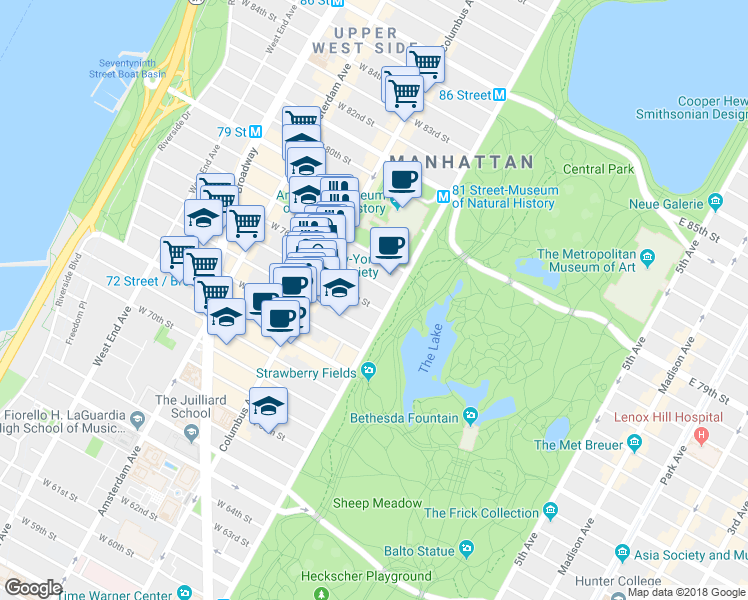 map of restaurants, bars, coffee shops, grocery stores, and more near 22 West 76th Street in New York