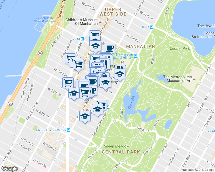 map of restaurants, bars, coffee shops, grocery stores, and more near 22 West 76th Street in New York