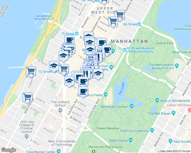 map of restaurants, bars, coffee shops, grocery stores, and more near 58 West 75th Street in New York