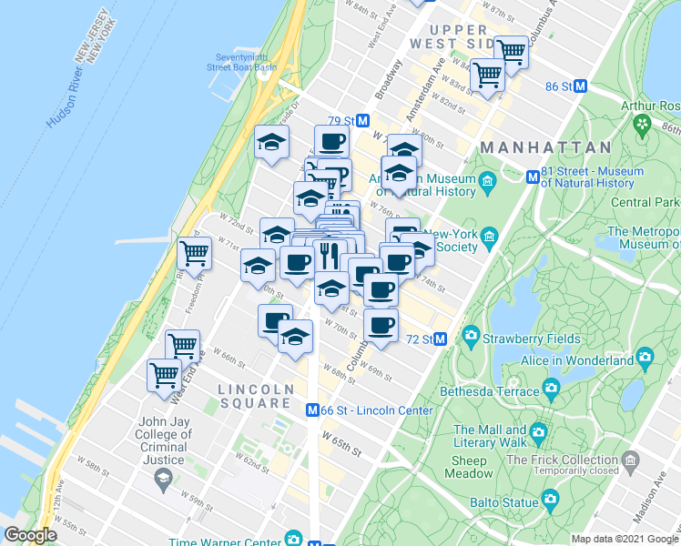 map of restaurants, bars, coffee shops, grocery stores, and more near 259 Amsterdam Avenue in New York
