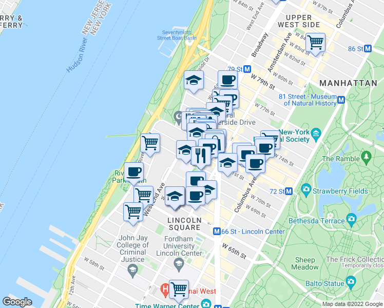 map of restaurants, bars, coffee shops, grocery stores, and more near in New York
