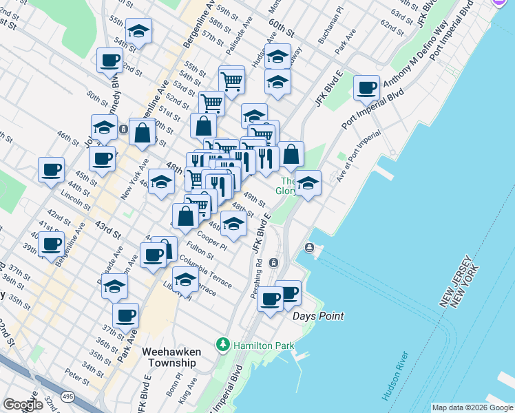 map of restaurants, bars, coffee shops, grocery stores, and more near 29 49th Street in Weehawken