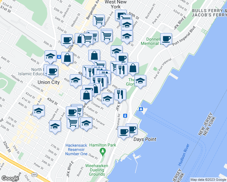 map of restaurants, bars, coffee shops, grocery stores, and more near 29 49th Street in Weehawken