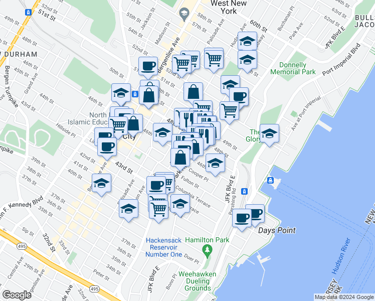 map of restaurants, bars, coffee shops, grocery stores, and more near 116 47th Street in Union City