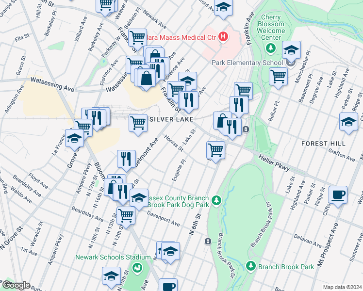 map of restaurants, bars, coffee shops, grocery stores, and more near 58 Honiss Street in Belleville