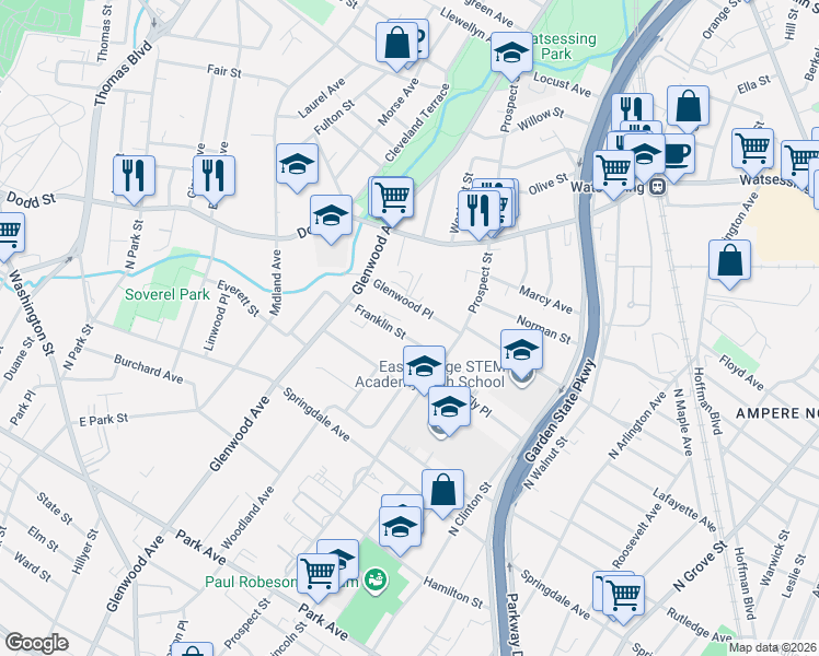 map of restaurants, bars, coffee shops, grocery stores, and more near 41 Glenwood Place in East Orange