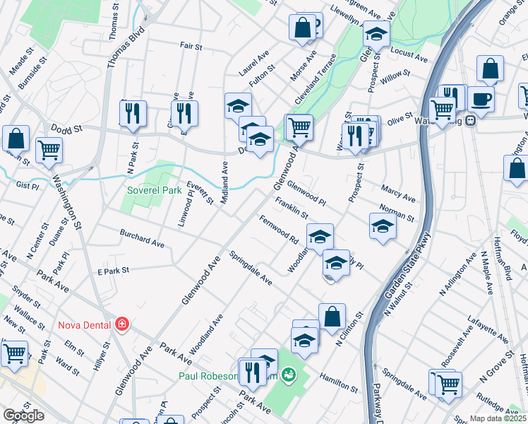map of restaurants, bars, coffee shops, grocery stores, and more near 310 Glenwood Avenue in East Orange