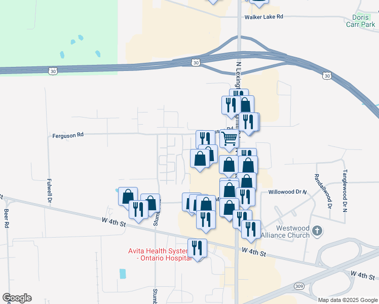 map of restaurants, bars, coffee shops, grocery stores, and more near 707 Scott Drive in Ontario
