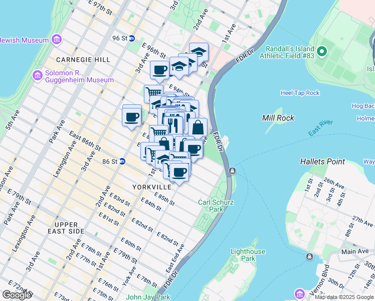 map of restaurants, bars, coffee shops, grocery stores, and more near 420 East 90th Street in New York