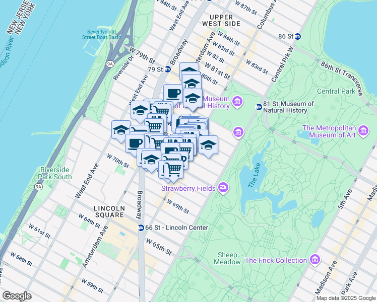 map of restaurants, bars, coffee shops, grocery stores, and more near 290 Columbus Avenue in New York