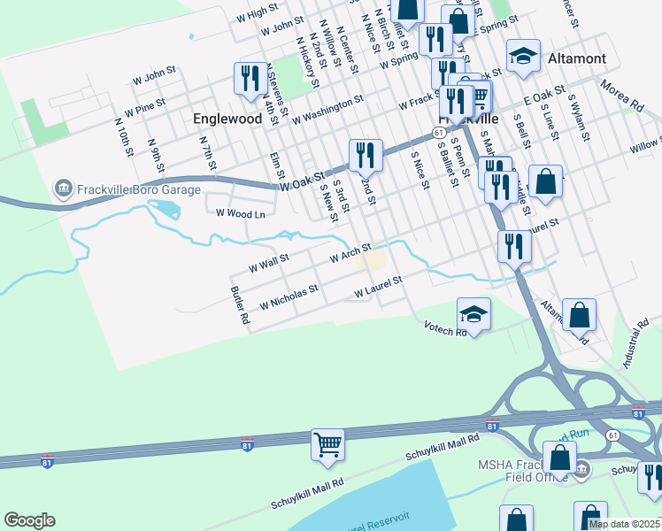 map of restaurants, bars, coffee shops, grocery stores, and more near 510 West Arch Street in Frackville