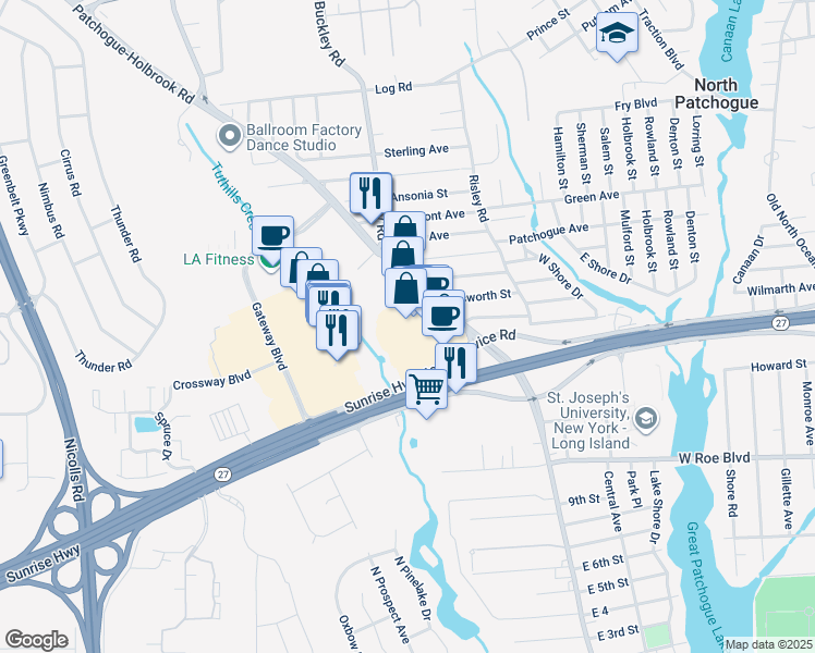 map of restaurants, bars, coffee shops, grocery stores, and more near 440 Waverly Avenue in Patchogue