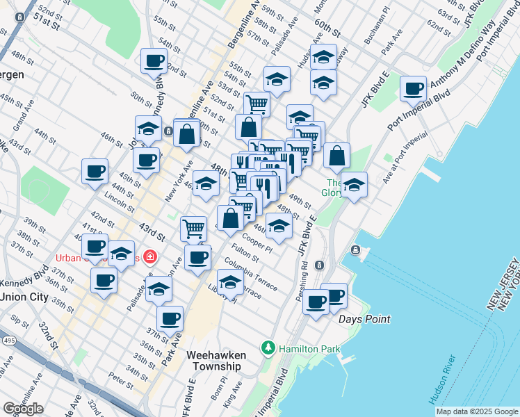 map of restaurants, bars, coffee shops, grocery stores, and more near in Union City