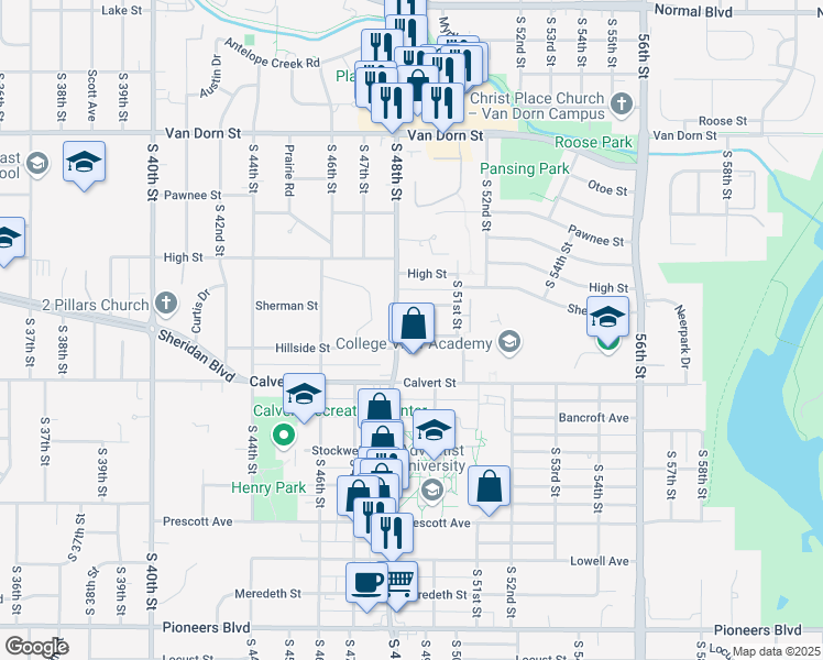map of restaurants, bars, coffee shops, grocery stores, and more near 4820 Hillside Street in Lincoln