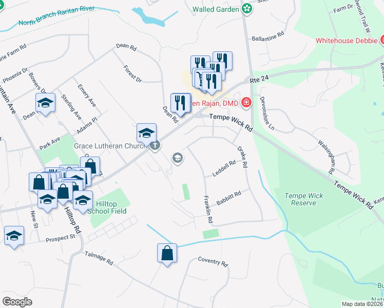 map of restaurants, bars, coffee shops, grocery stores, and more near 1 Franklin Road in Mendham
