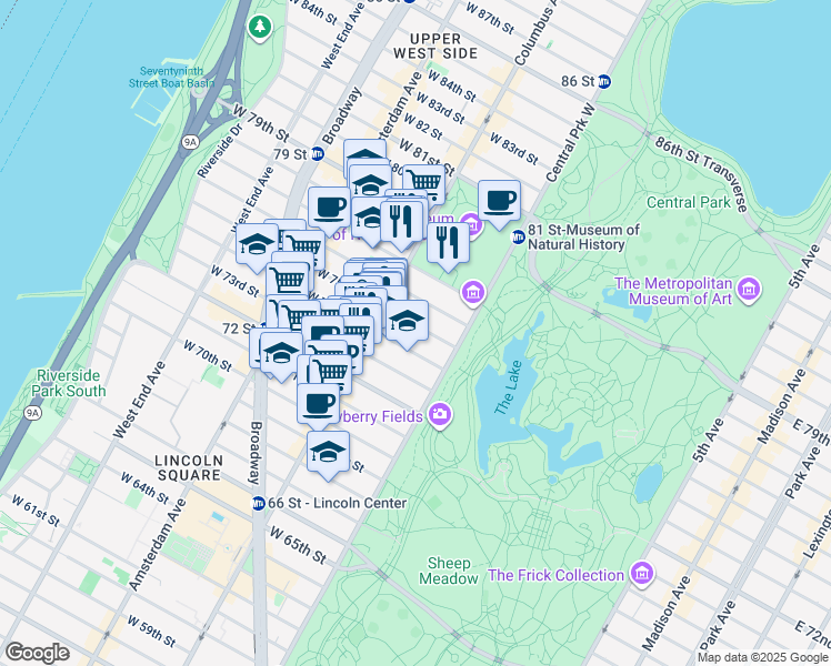 map of restaurants, bars, coffee shops, grocery stores, and more near 30 West 75th Street in New York