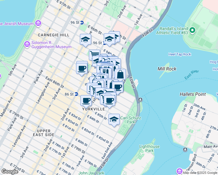 map of restaurants, bars, coffee shops, grocery stores, and more near 417 East 89th Street in New York