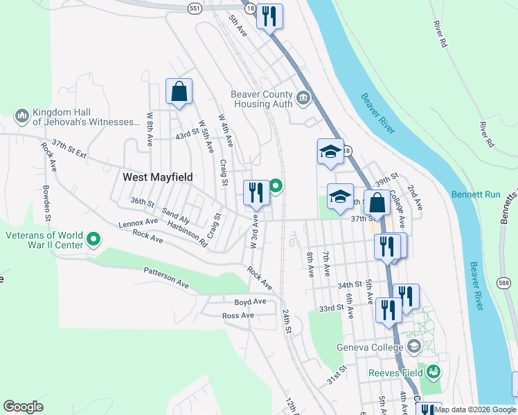 map of restaurants, bars, coffee shops, grocery stores, and more near 3705 West 3rd Avenue in Beaver Falls