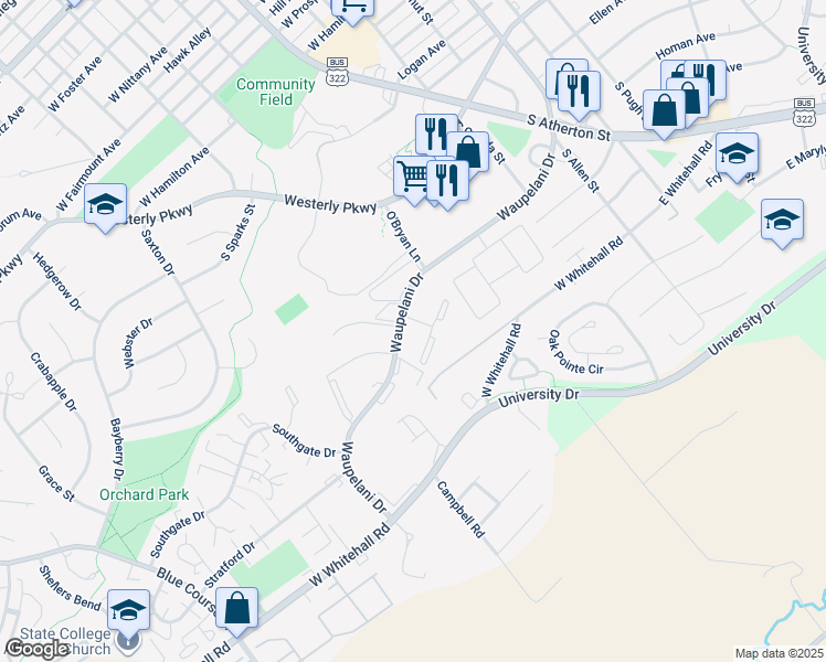 map of restaurants, bars, coffee shops, grocery stores, and more near 424 Waupelani Drive in State College