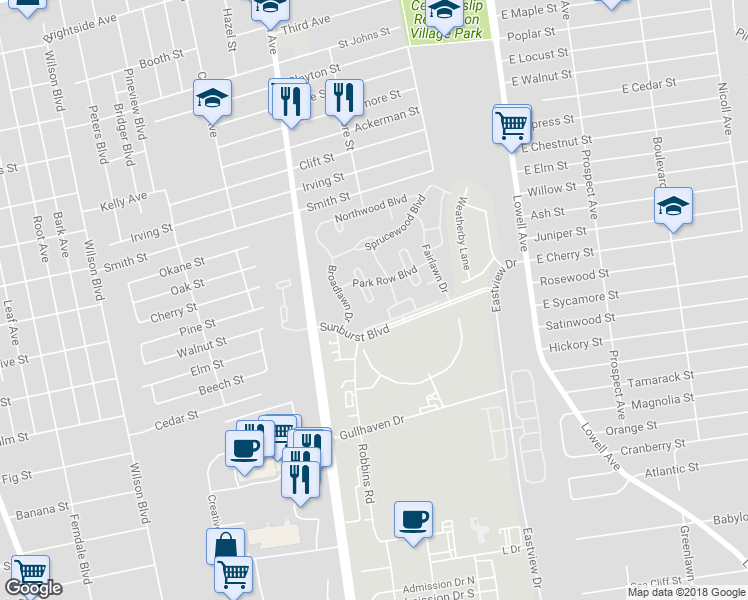 map of restaurants, bars, coffee shops, grocery stores, and more near 19 Goldenwood Circle in Central Islip