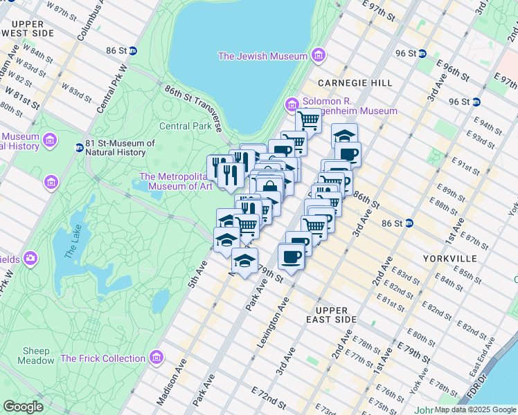 map of restaurants, bars, coffee shops, grocery stores, and more near 445 Park Avenue in New York