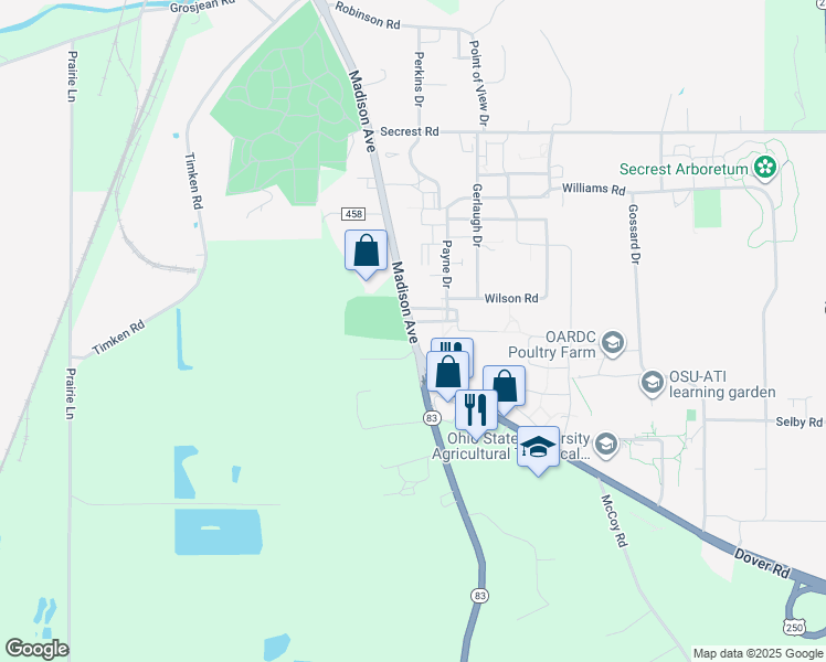 map of restaurants, bars, coffee shops, grocery stores, and more near 1680 Madison Avenue in Wooster