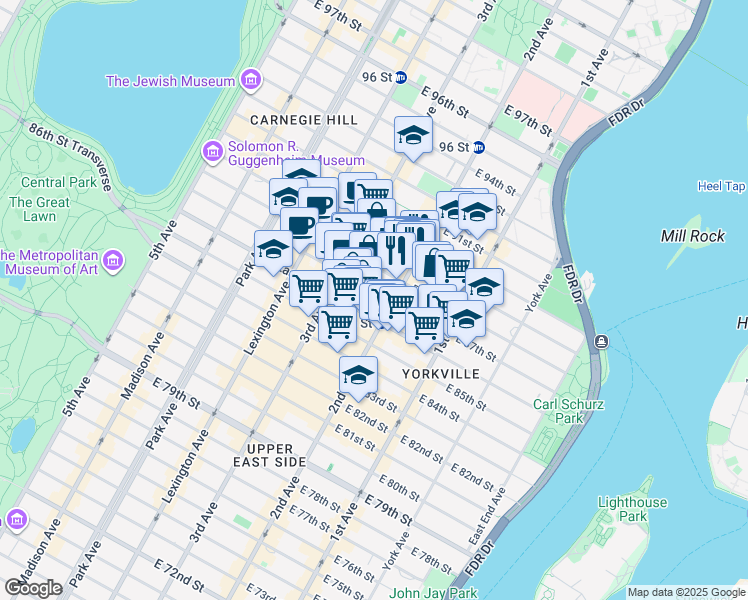map of restaurants, bars, coffee shops, grocery stores, and more near 245 East 87th Street in New York