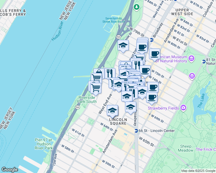 map of restaurants, bars, coffee shops, grocery stores, and more near 211 West End Avenue in New York
