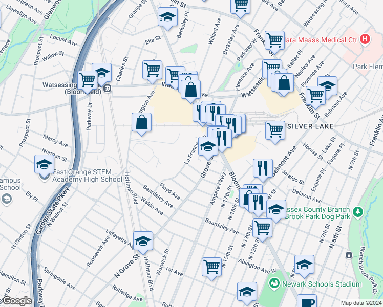 map of restaurants, bars, coffee shops, grocery stores, and more near 47 La France Avenue in Bloomfield