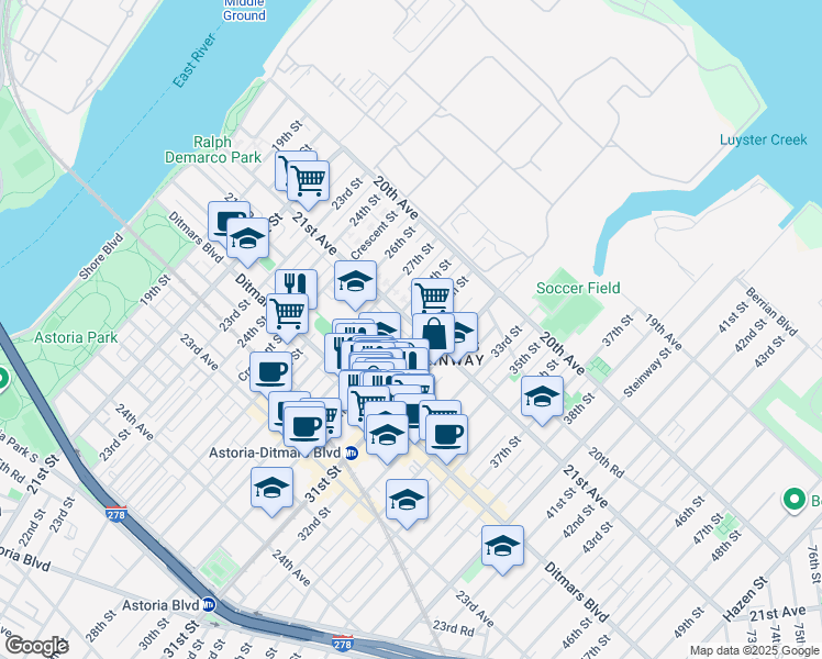map of restaurants, bars, coffee shops, grocery stores, and more near 21-22 29th Street in Queens