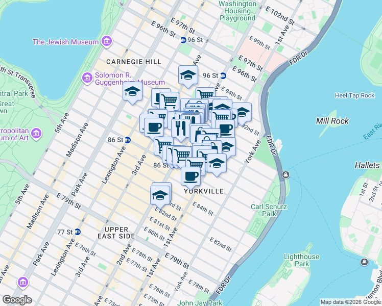 map of restaurants, bars, coffee shops, grocery stores, and more near 302 East 88th Street in New York