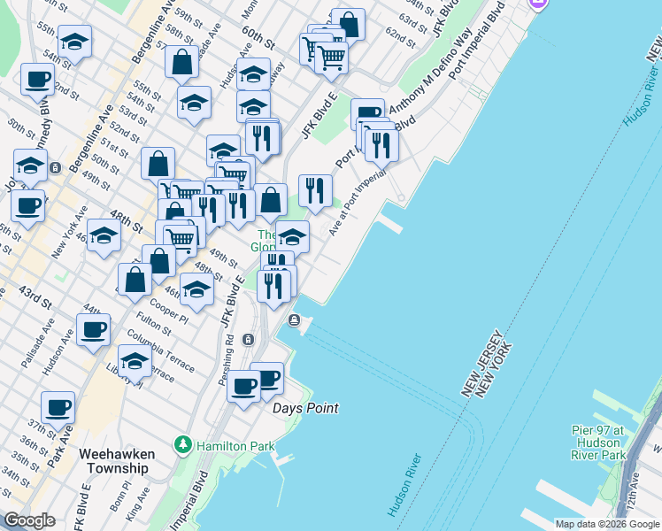 map of restaurants, bars, coffee shops, grocery stores, and more near 30 Avenue at Port Imperial in West New York