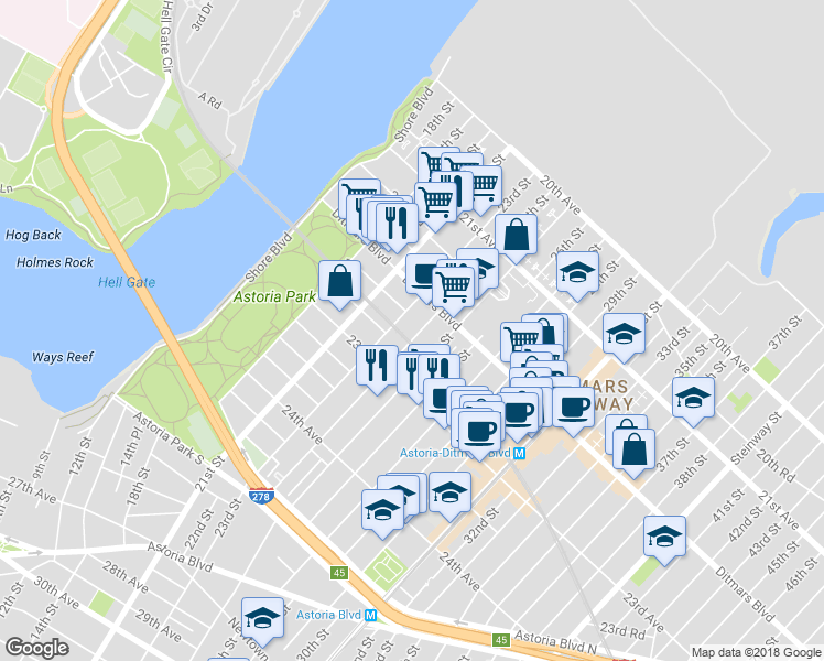 map of restaurants, bars, coffee shops, grocery stores, and more near 22-34 24th Street in Queens