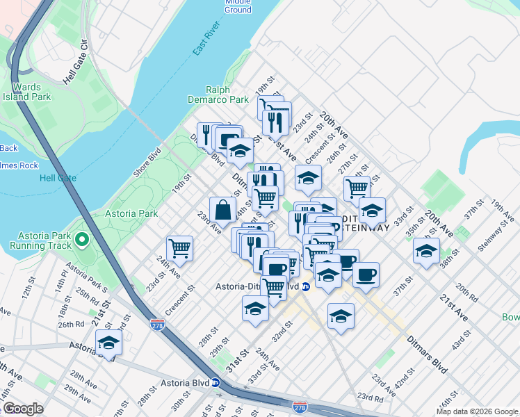 map of restaurants, bars, coffee shops, grocery stores, and more near 22-06 Crescent Street in Queens