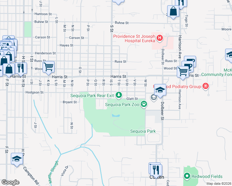 map of restaurants, bars, coffee shops, grocery stores, and more near 1826 Hodgson Street in Eureka