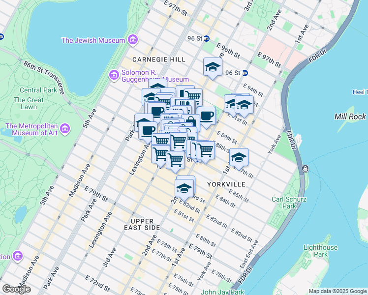 map of restaurants, bars, coffee shops, grocery stores, and more near 208 East 87th Street in New York