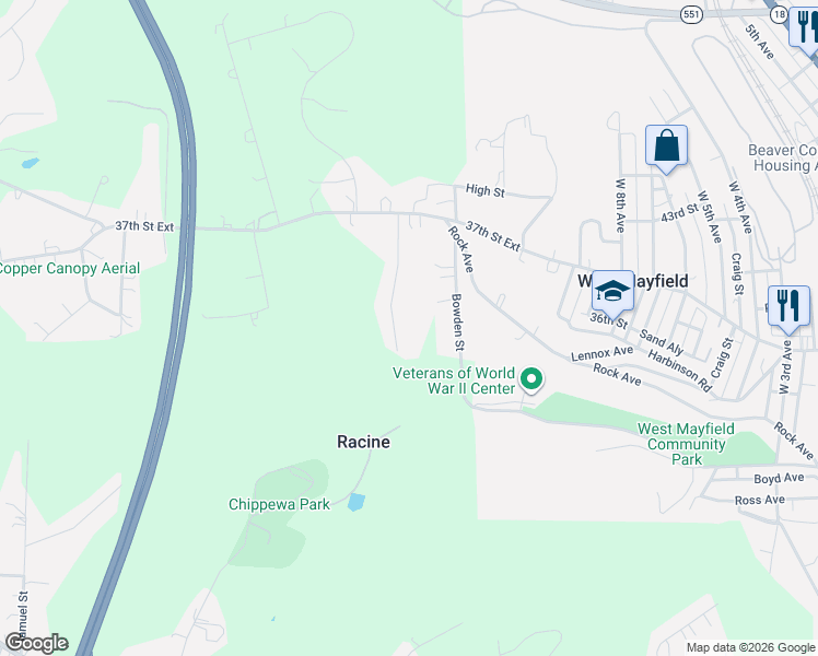 map of restaurants, bars, coffee shops, grocery stores, and more near 145 Skyline Drive in Beaver Falls