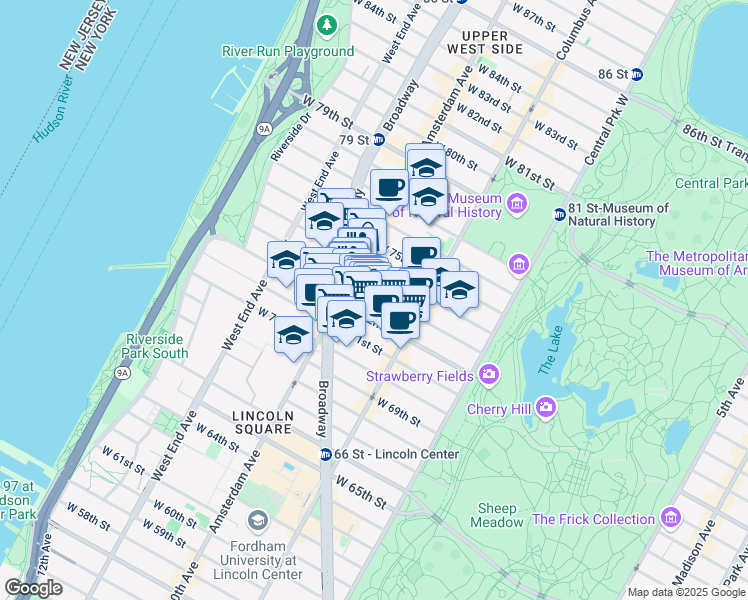 map of restaurants, bars, coffee shops, grocery stores, and more near 150 West 73rd Street in New York