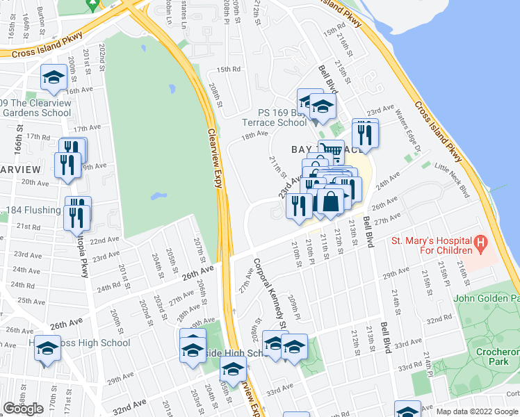 map of restaurants, bars, coffee shops, grocery stores, and more near 209-10 23rd Avenue in Queens