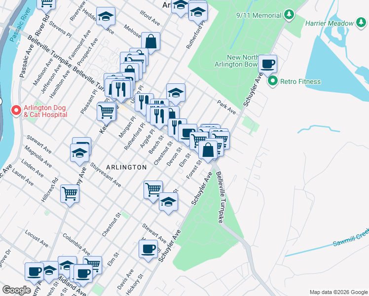 map of restaurants, bars, coffee shops, grocery stores, and more near 366 Belleville Turnpike in North Arlington