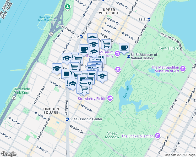 map of restaurants, bars, coffee shops, grocery stores, and more near 58 West 75th Street in New York