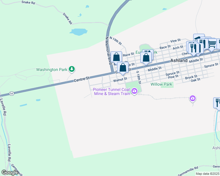 map of restaurants, bars, coffee shops, grocery stores, and more near 2200 Spruce Street in Ashland